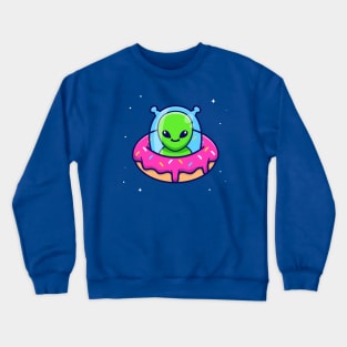 Cute Alien Riding Doughnut Ufo Cartoon Crewneck Sweatshirt